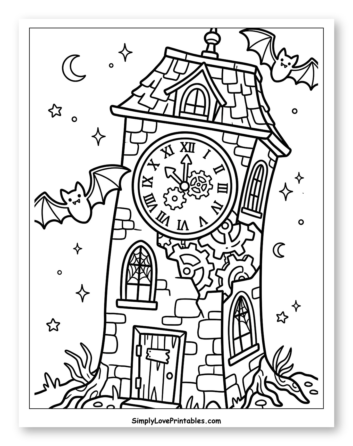 Haunted Clock Tower with Visible Gears and Bats Coloring Sheet for Adults