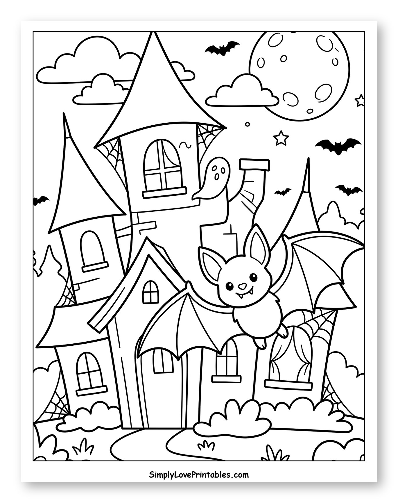 Haunted House and a Flying Bat on Halloween Night Coloring Sheet for Kids