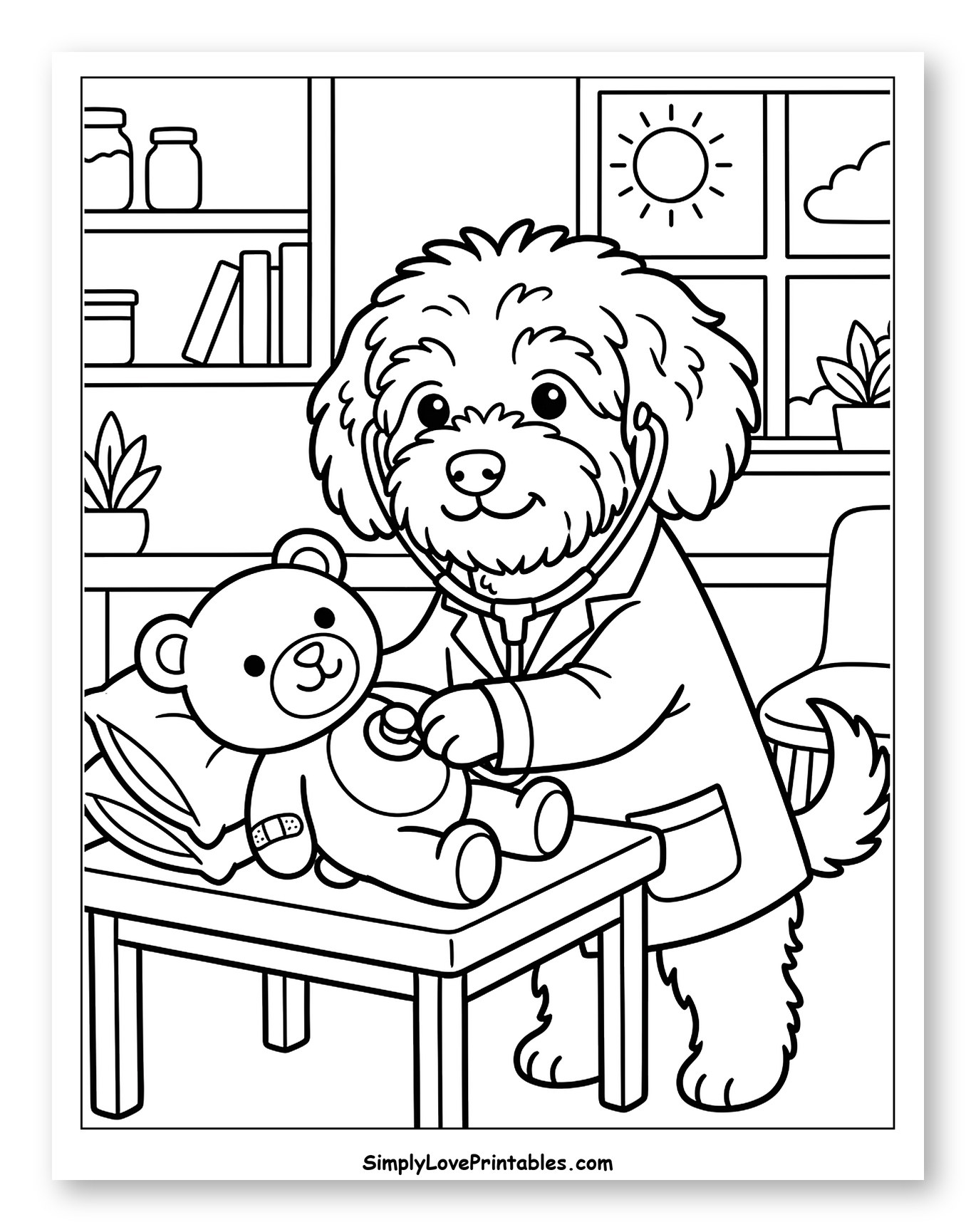 Havanese Doctor Examining a Teddy Bear to Color for Kids