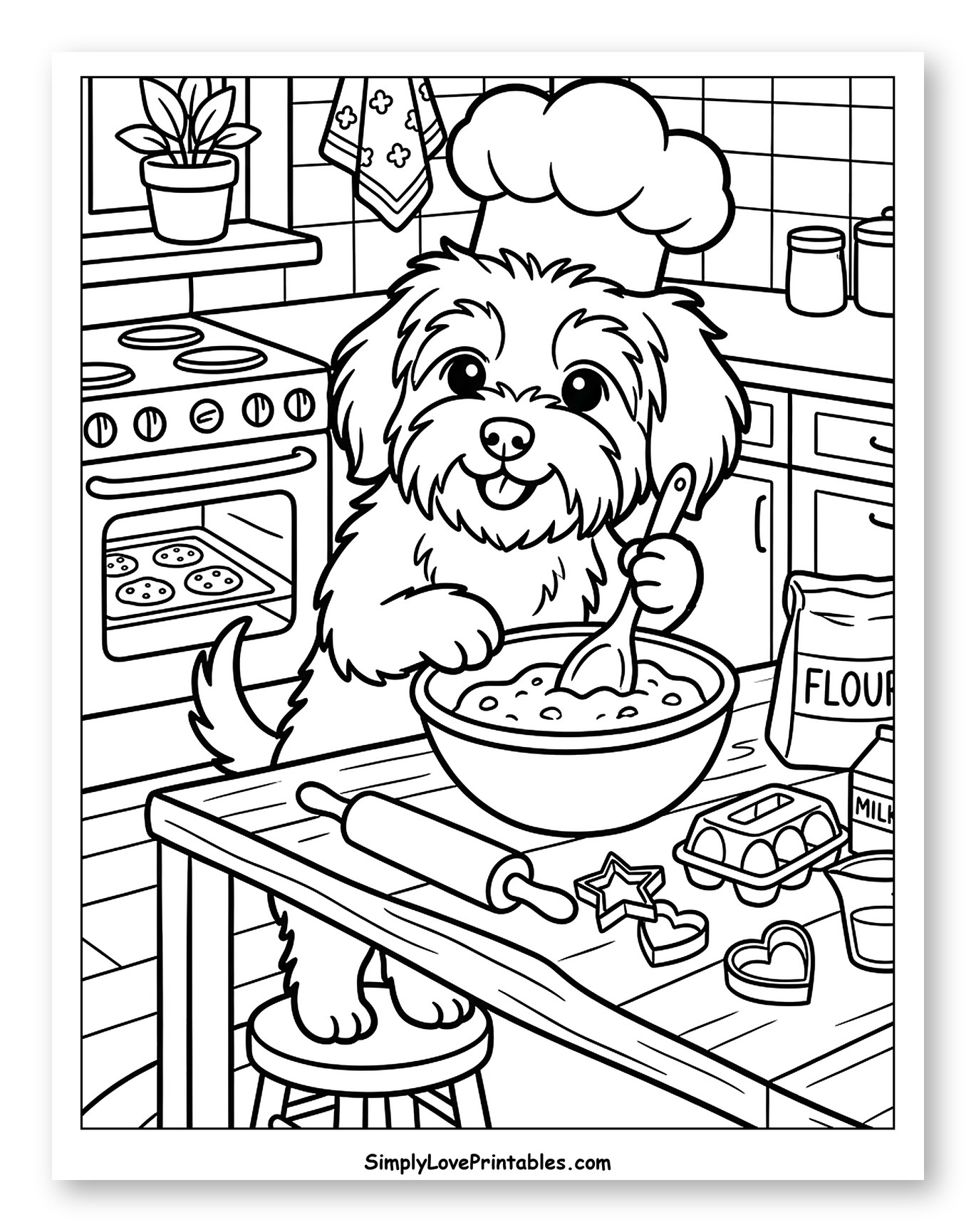 Havanese Dog Baking Cookies in Kitchen Coloring Sheet for Kids