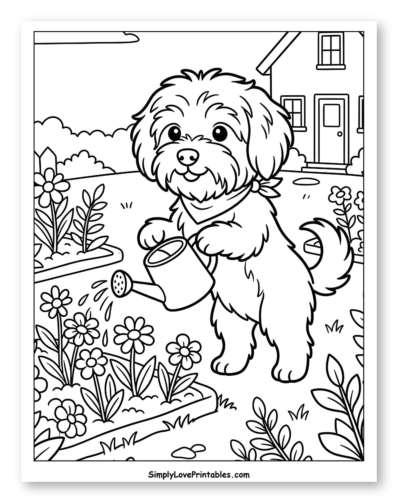 Havanese Dog Watering Flowers in Garden
