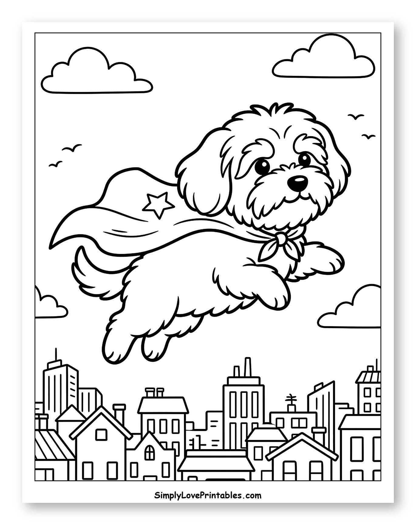 Havanese Superhero Dog Flying Over City Coloring Sheet for Kids