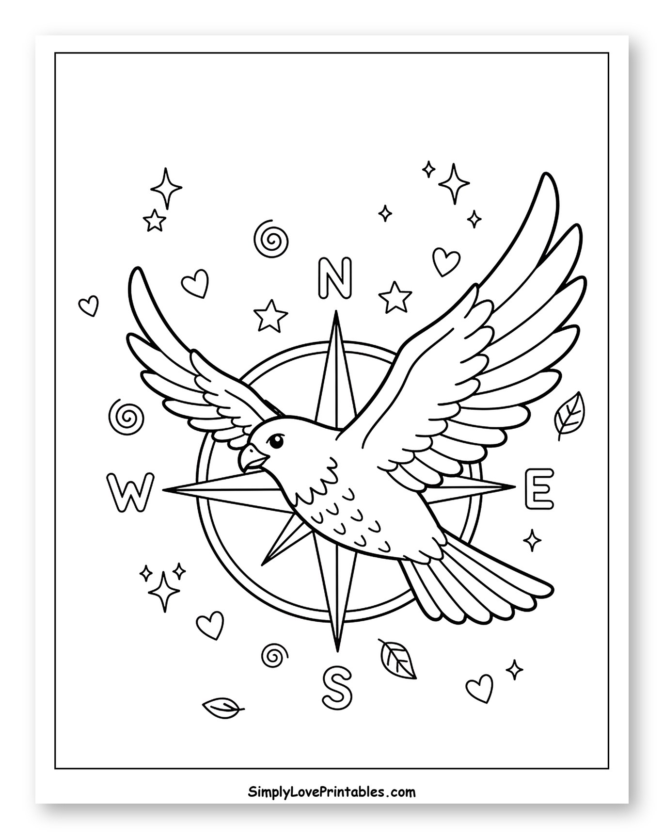 Hawk Flying Over Compass with Stars Coloring Sheet for Adults