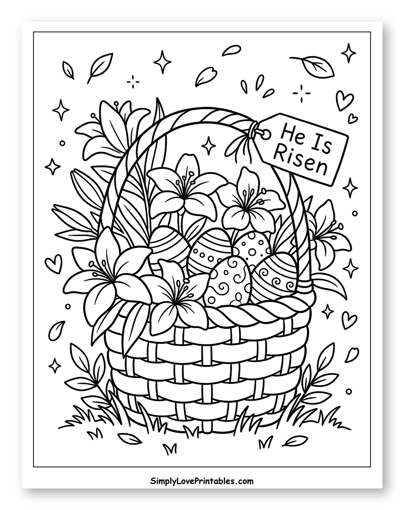 He Is Risen Easter Basket with Eggs and Lilies
