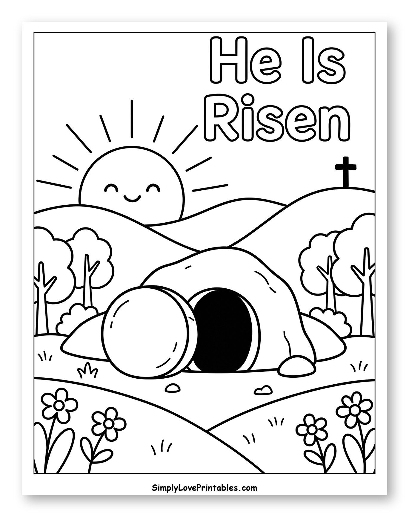 He Is Risen Empty Tomb Scene Coloring Sheet for Kids