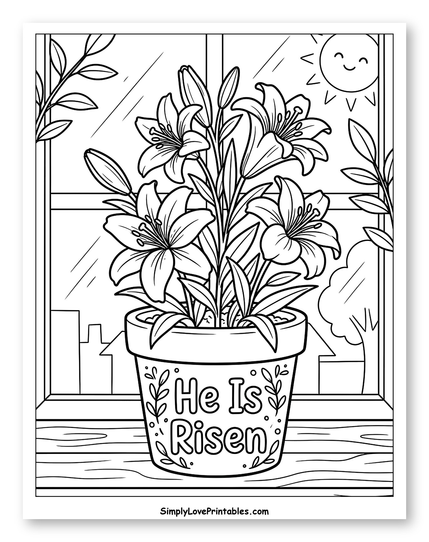 He Is Risen Lilies on a Windowsill Coloring Page for Kids