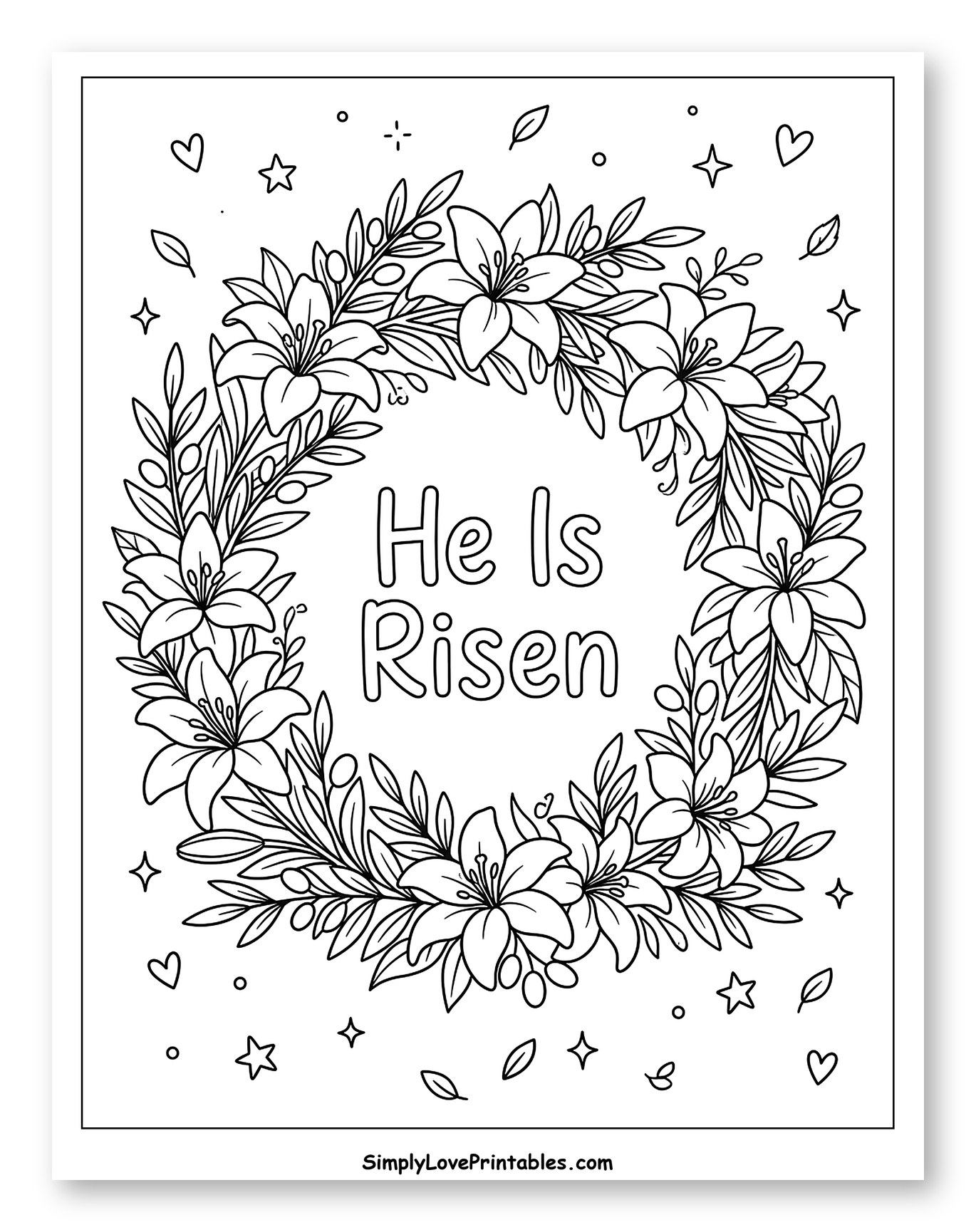 He Is Risen Message in Lily Wreath Coloring Sheet for Adults