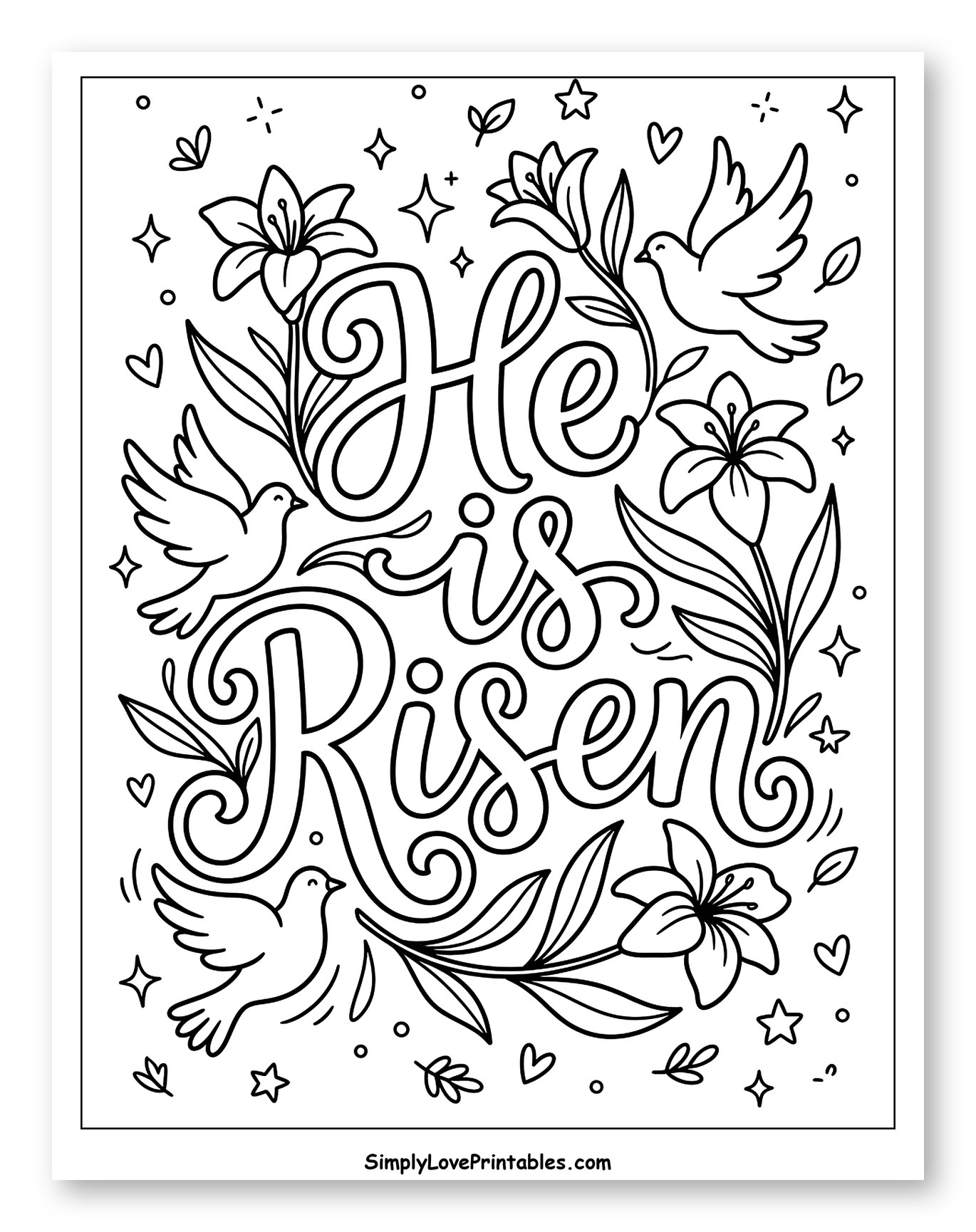 He is Risen with Doves and Lilies Coloring Page for Adults