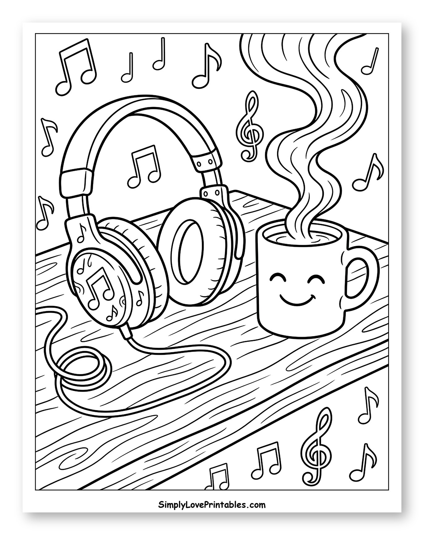 Headphones, Happy Coffee, and Musical Notes