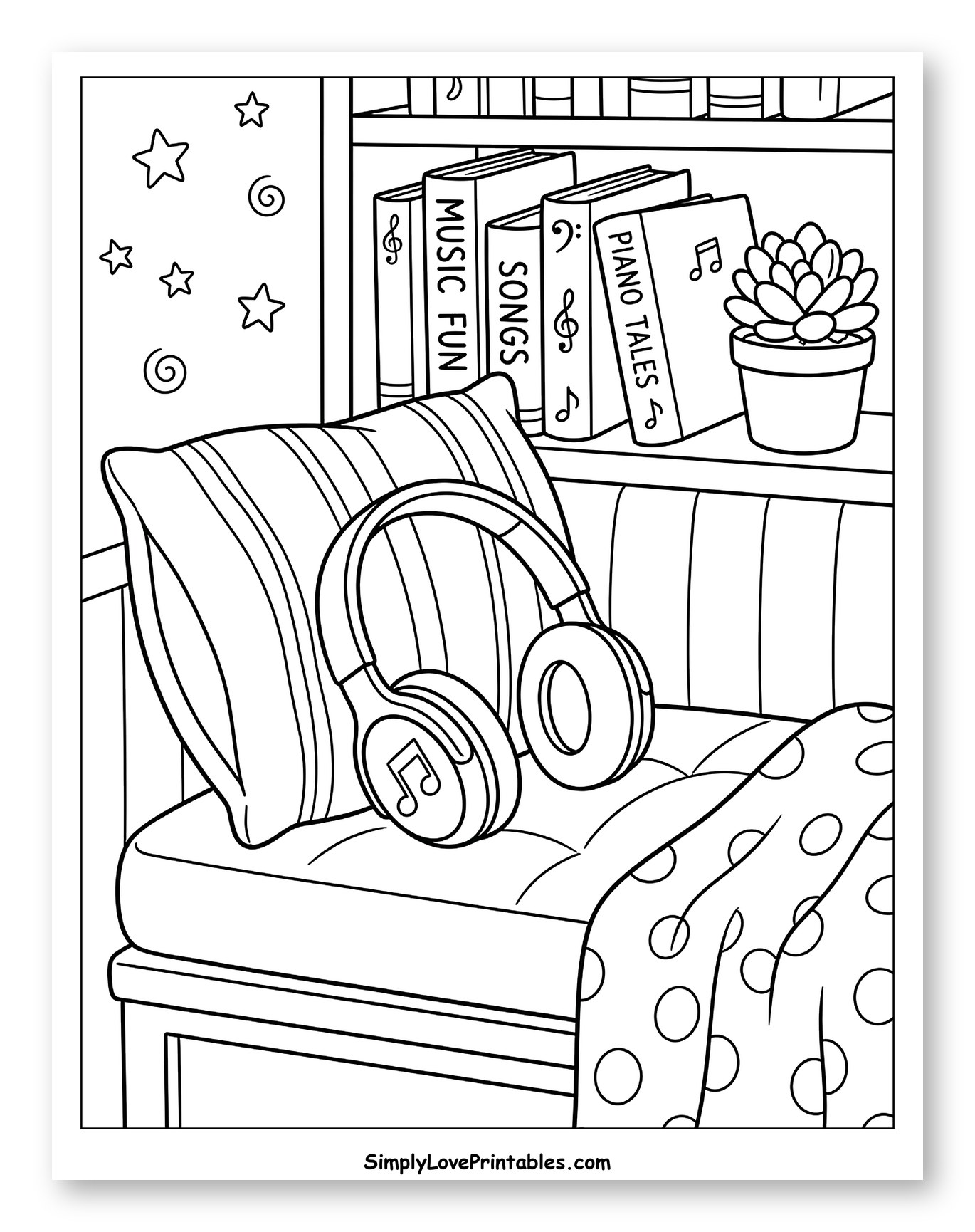 Headphones on a Pillow with Bookshelf Coloring Sheet for Kids