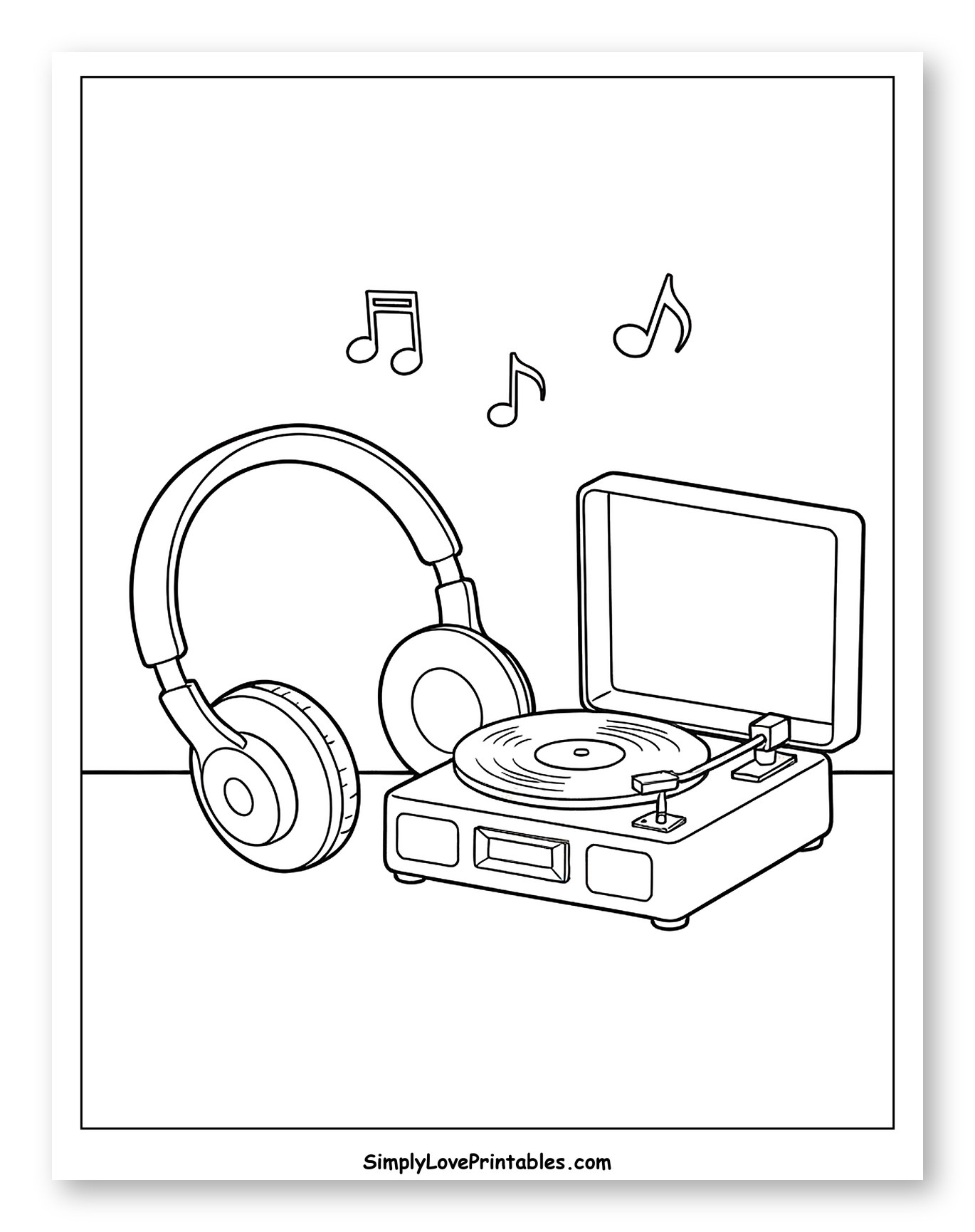 Headphones, Turntable, and Floating Music Notes to Color for Kids