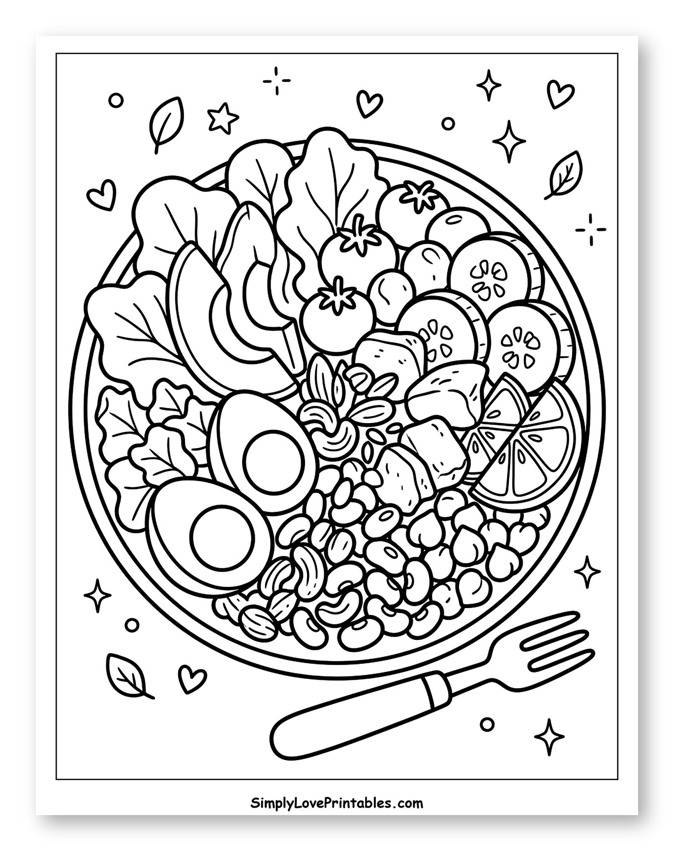 Healthy Salad Bowl with Fresh Ingredients Coloring Page for Adults