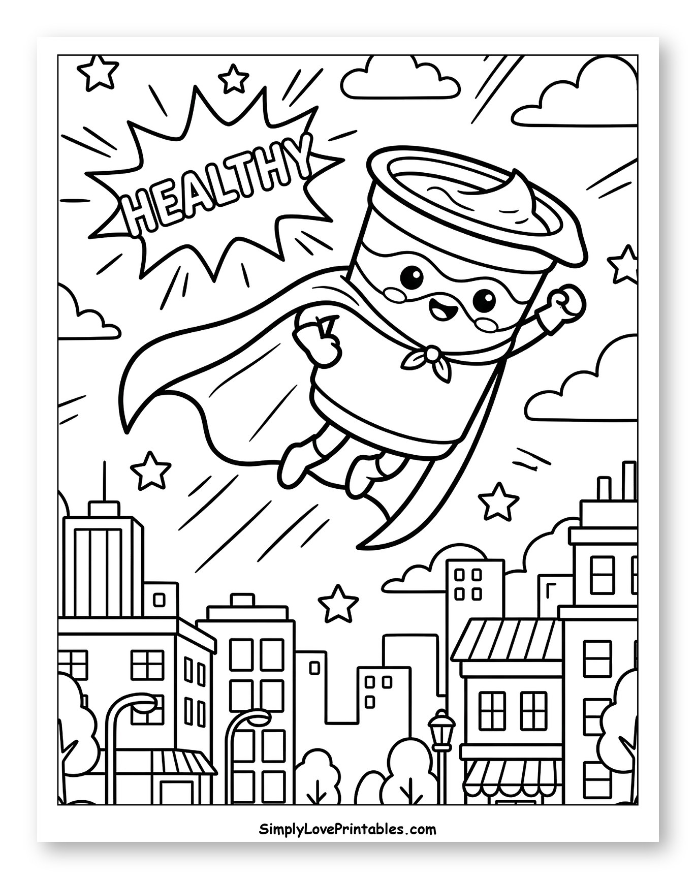 Healthy Yogurt Superhero Soaring Above City