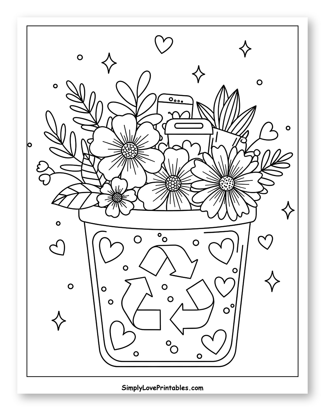 Heart-Filled Recycling Bin with Blooming Flowers
