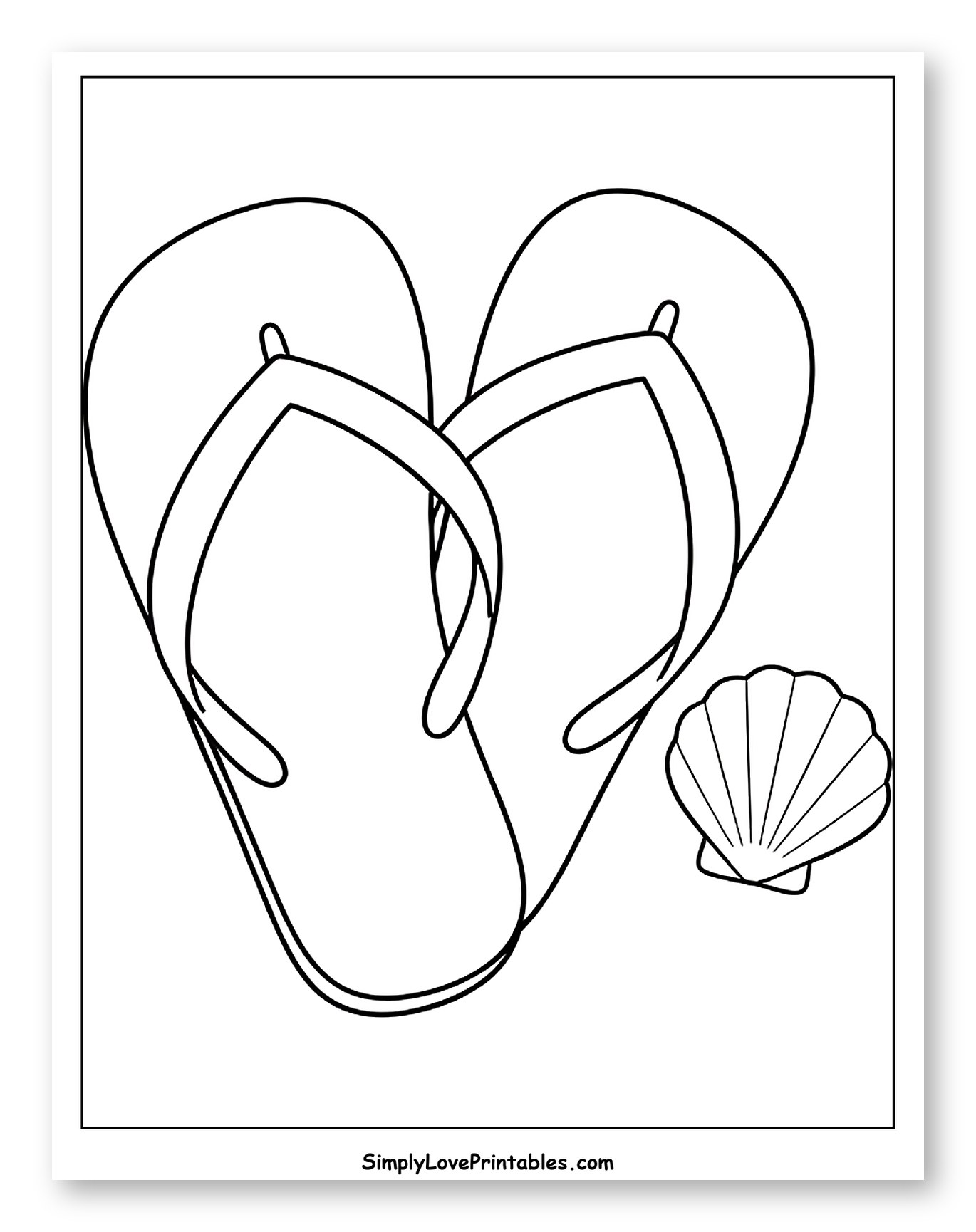 Heart-Shaped Flip-Flops and a Little Seashell Coloring Page for Toddlers