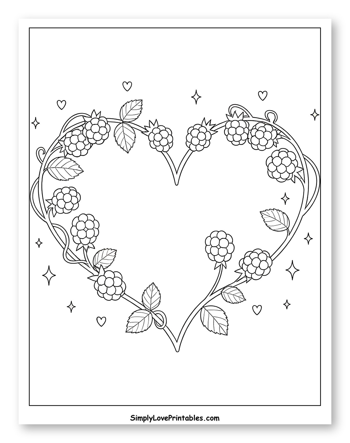 Heart-shaped Wreath of Raspberries and Leaves Coloring Sheet for Adults