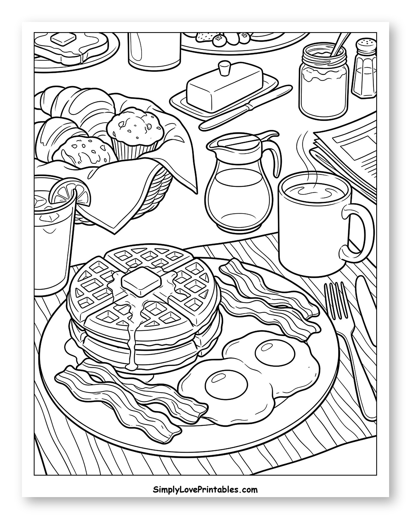 Hearty Breakfast Feast with Waffles and Eggs to Color