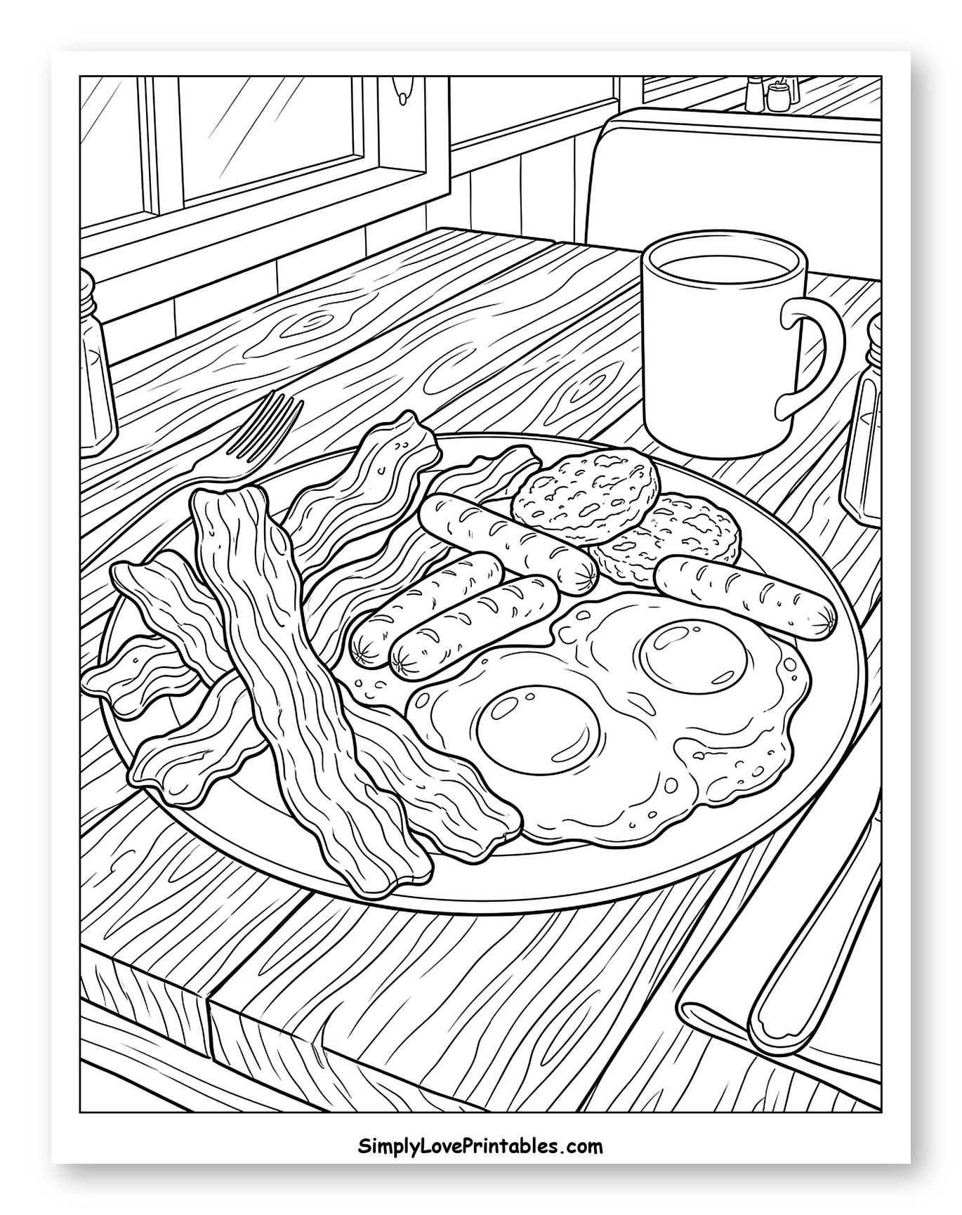 Hearty Breakfast Plate with Bacon, Eggs, and Sausage to Color