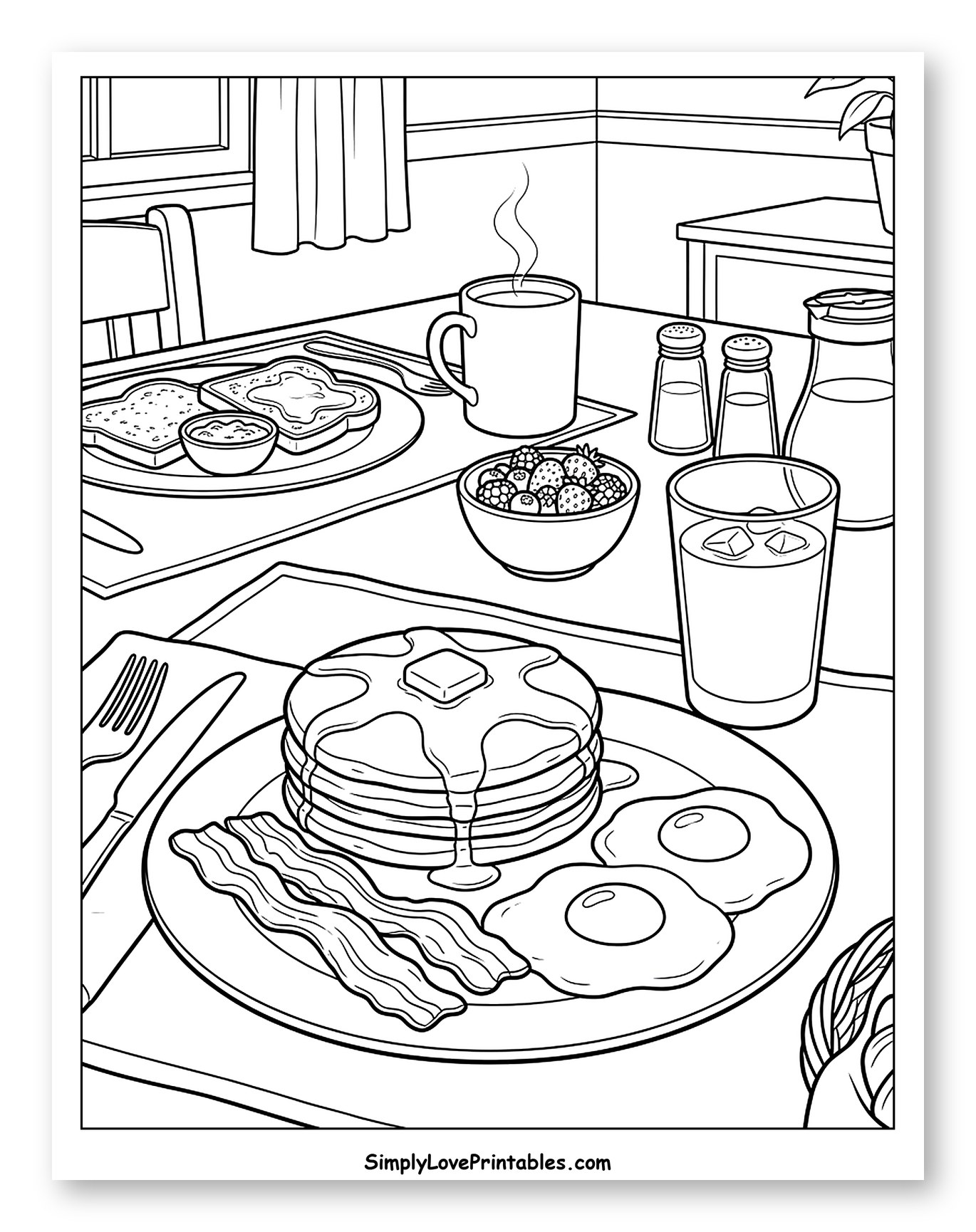 Hearty Breakfast with Pancakes, Eggs, and Bacon to Color