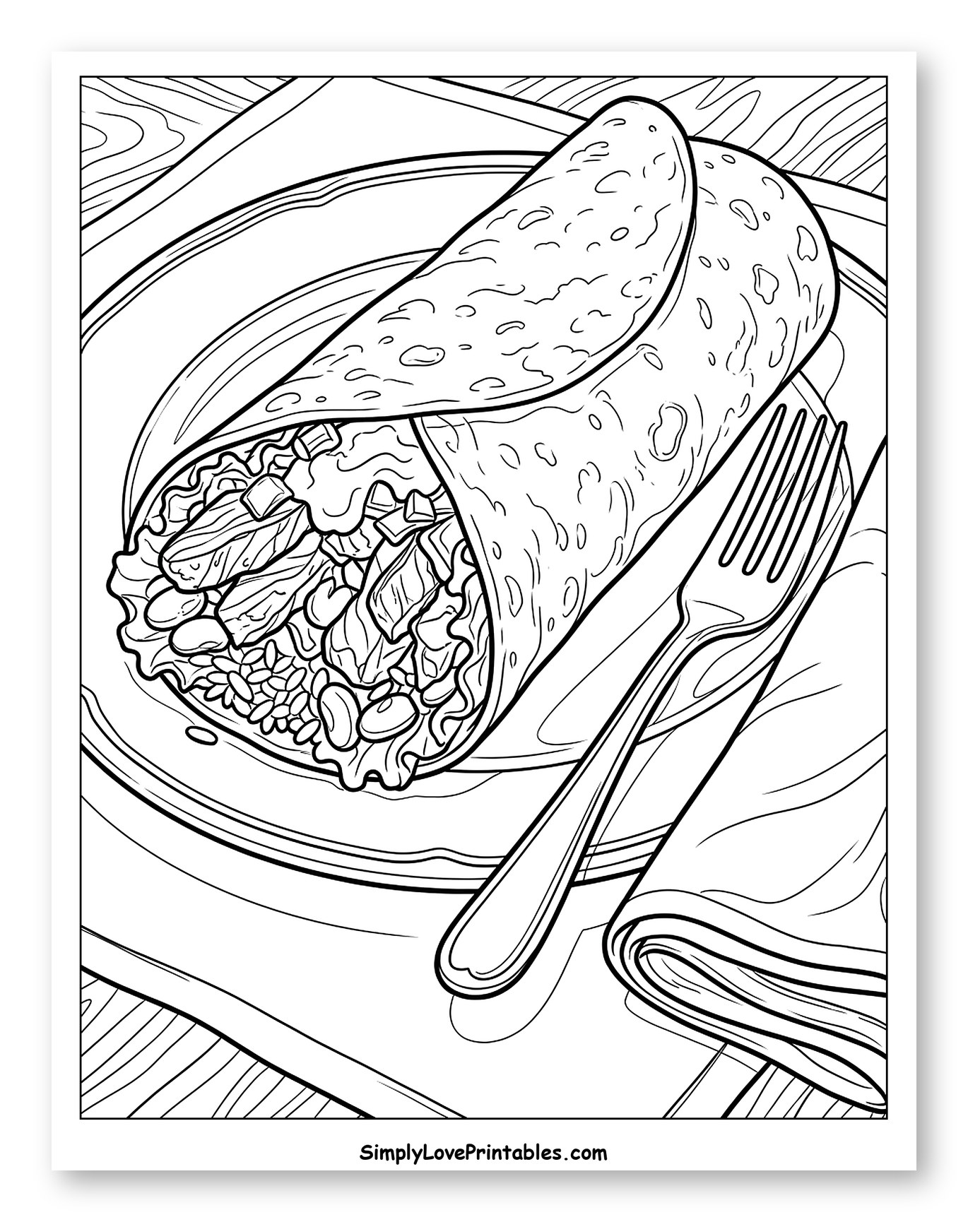 Hearty Burrito with Fork and Napkin Coloring Sheet
