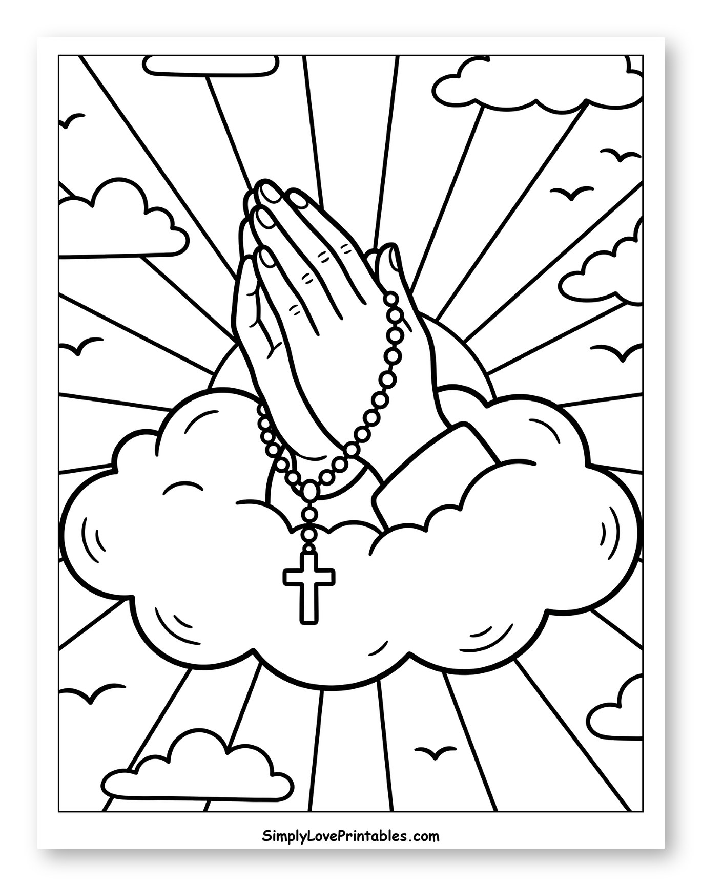 Heavenly Praying Hands with Rosary and Light to Color for Kids