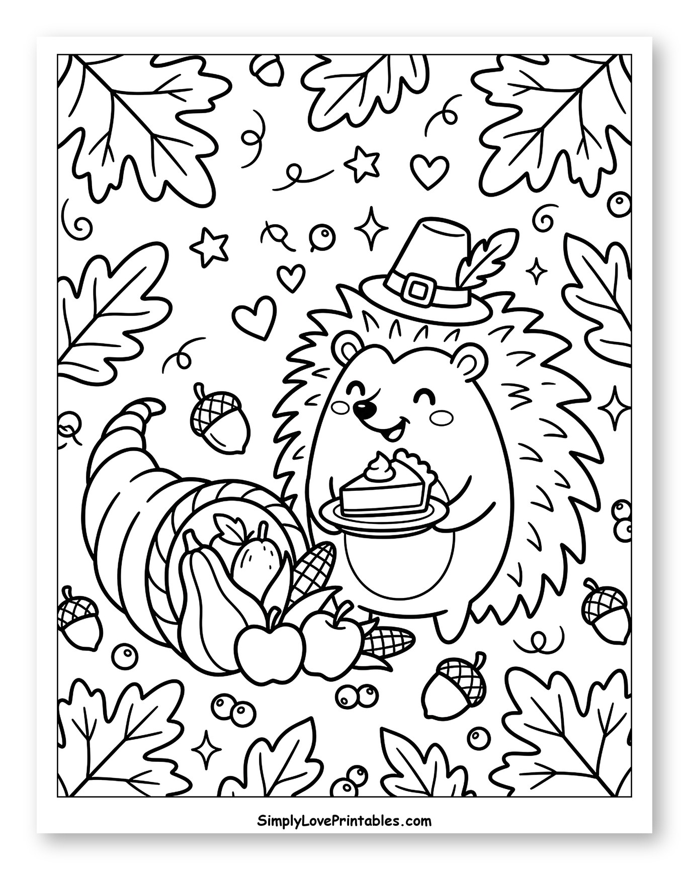 Hedgehog in Pilgrim Hat with Pie and Cornucopia Coloring Sheet for Adults