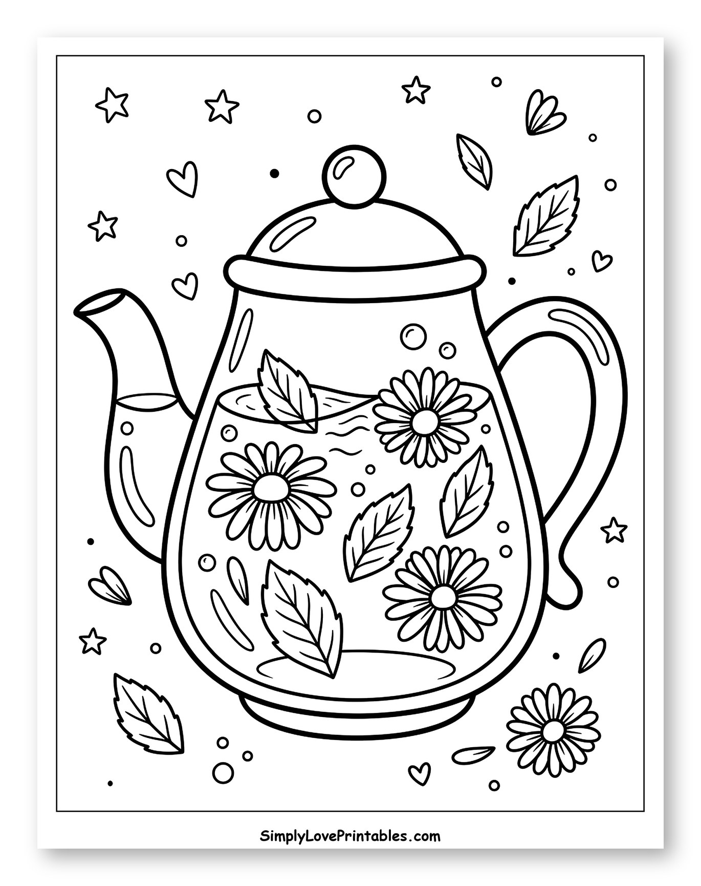 Herbal Tea Teapot with Daisies and Mint Leaves Coloring Page for Adults