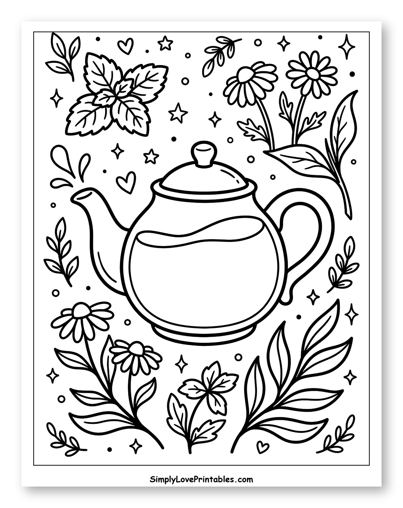 Herbal Teapot with Surrounding Leaves and Flowers