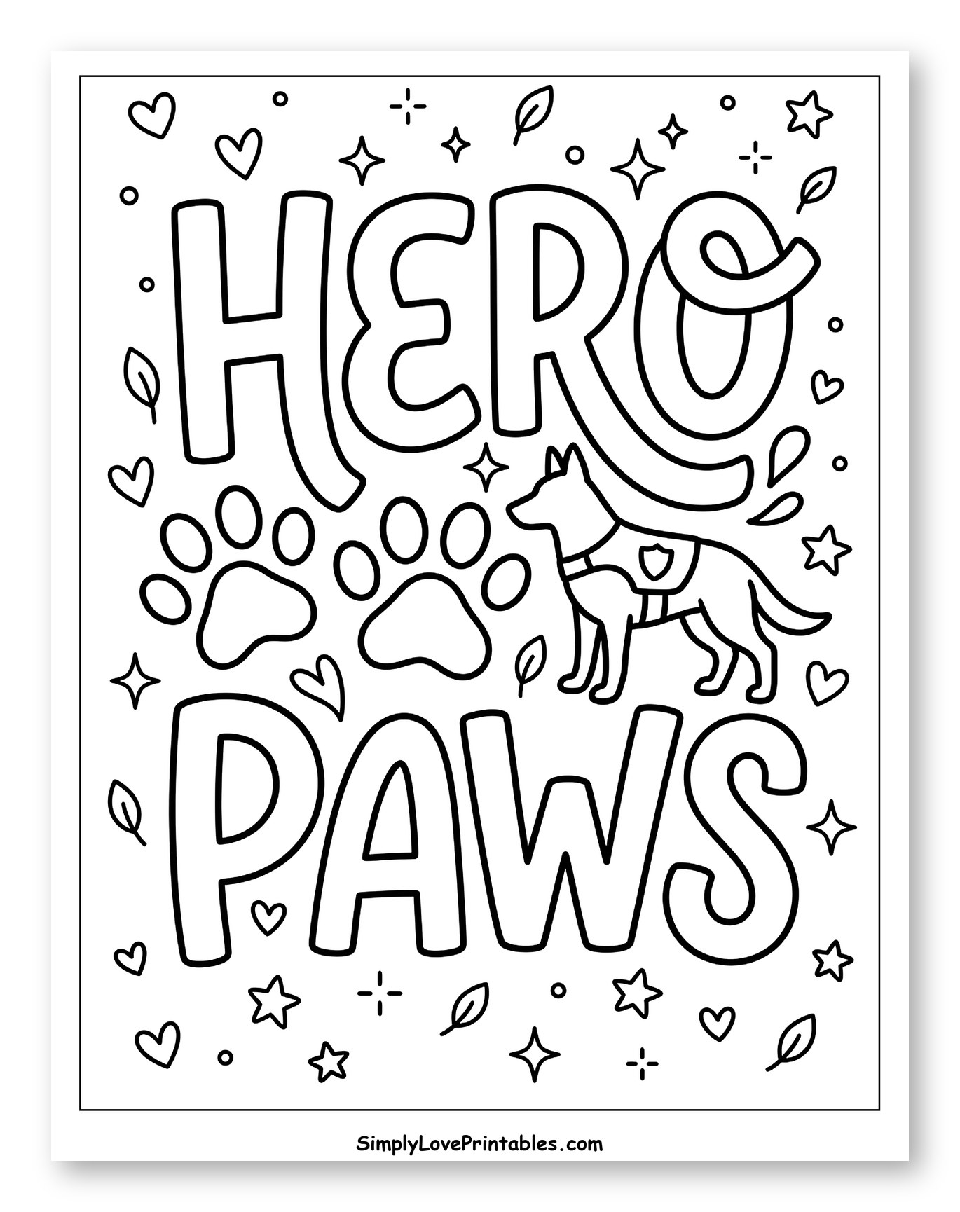 Hero Paws with Police Dog and Paw Prints Coloring Page for Adults