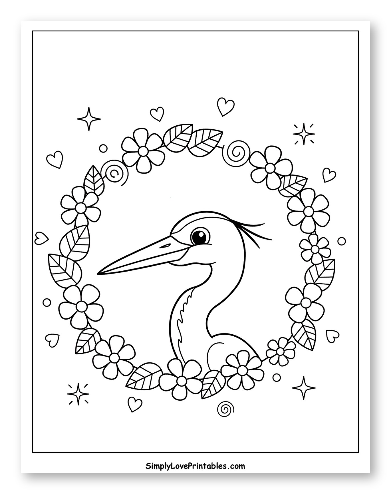 Heron in a Floral Wreath to Color for Adults