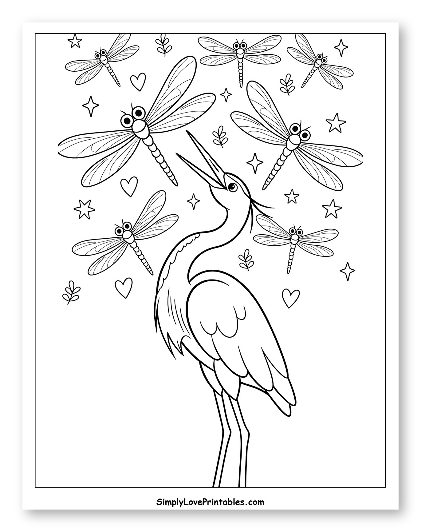 Heron Looking Up at Flying Dragonflies Coloring Page for Adults