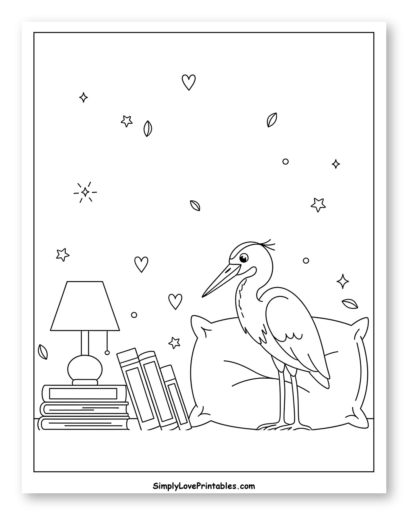 Heron on a Pillow with Books and Lamp to Color for Adults
