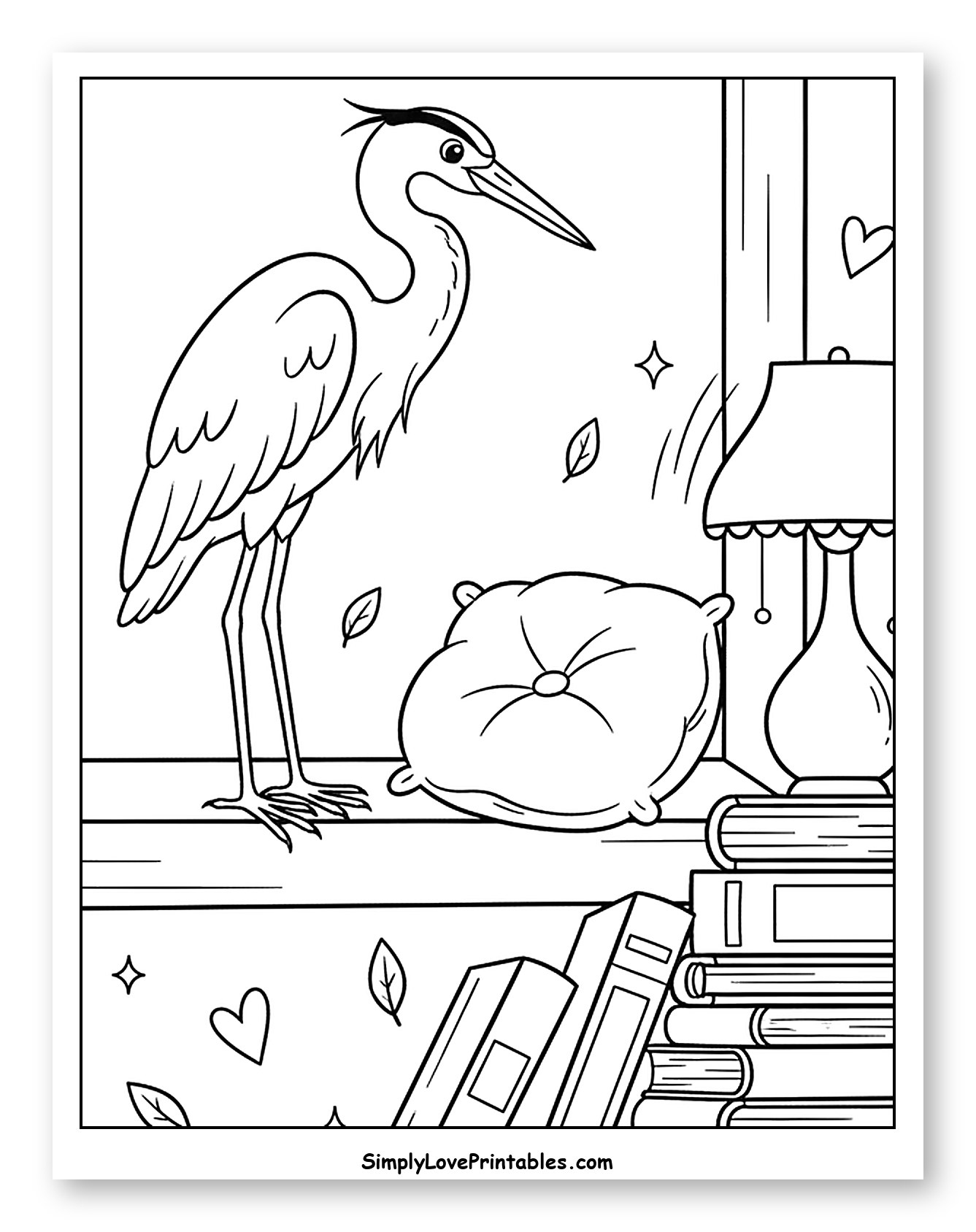 Heron with Pillow, Lamp, and Stacked Books to Color for Adults