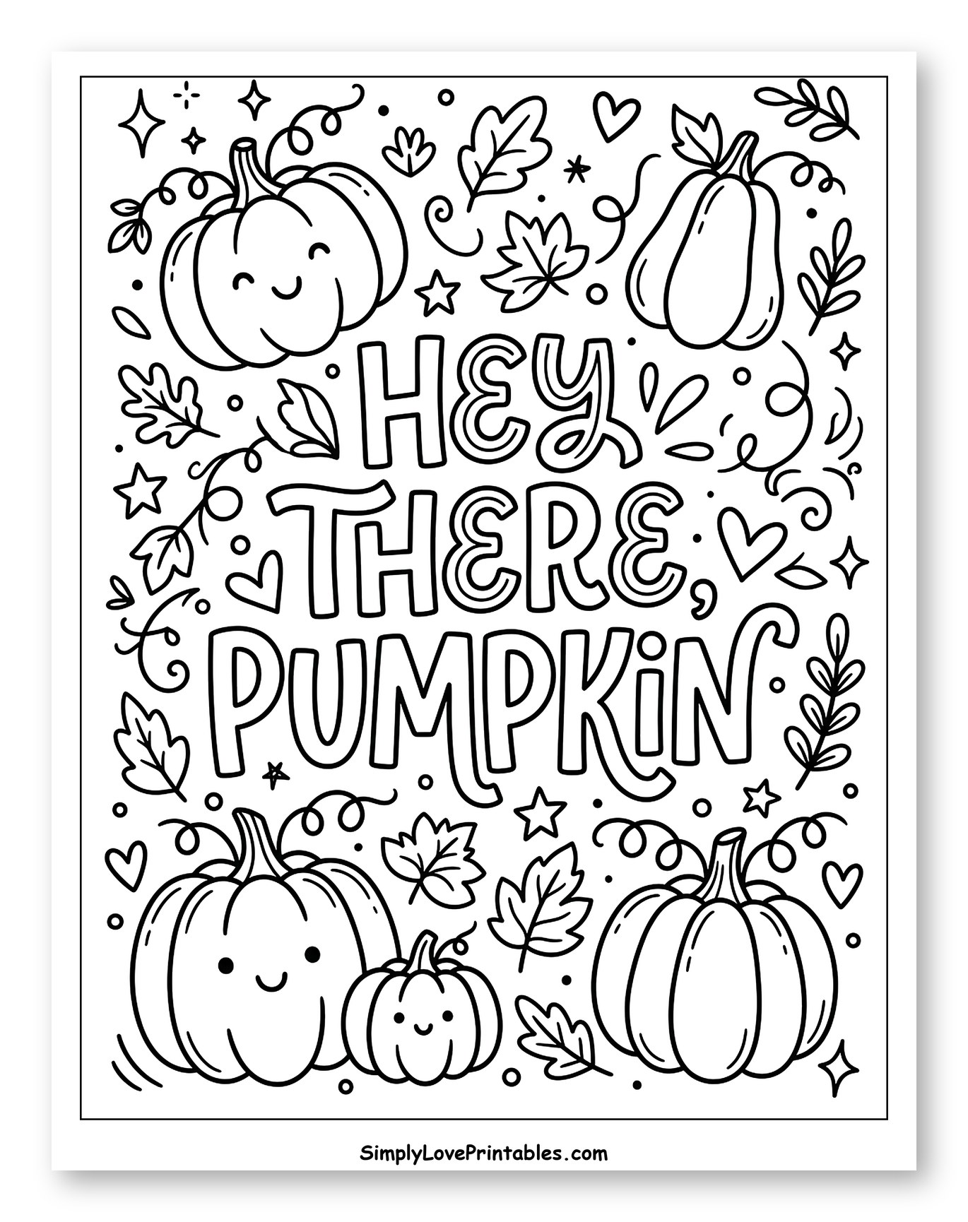 Hey There Pumpkin Greeting with Happy Gourds Coloring Sheet for Adults