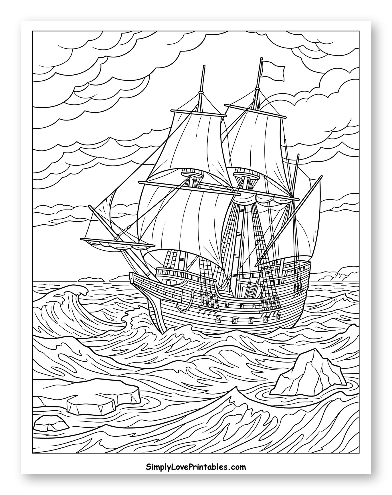 Historic Mayflower Ship Sailing Through Stormy Seas