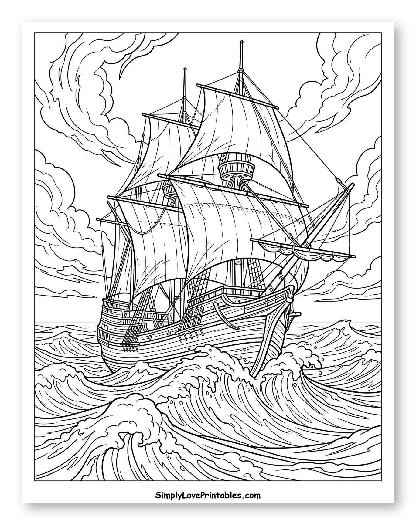 Historic Sailing Ship on Rough Ocean Waves
