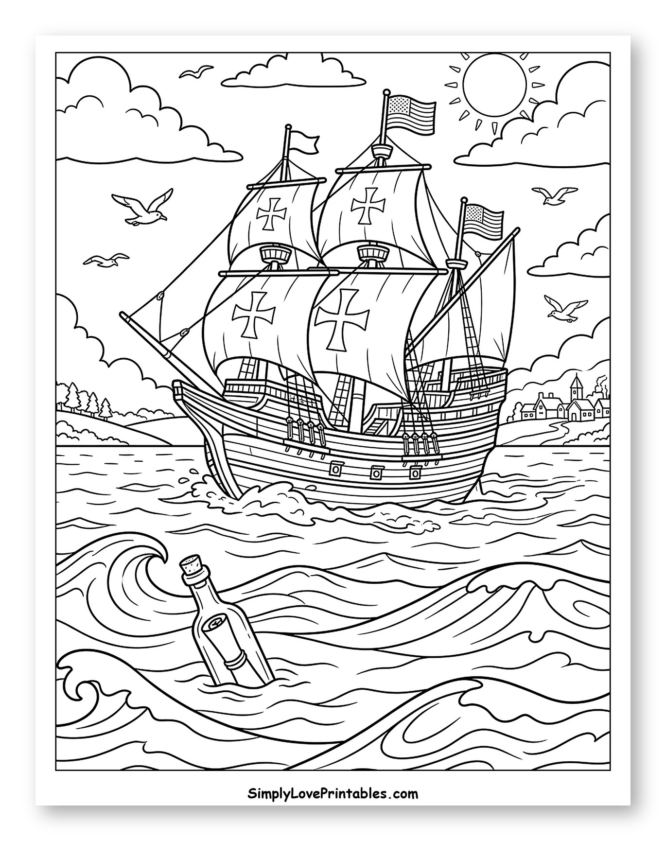 Historic Sailing Ship with Message in Bottle Coloring Page for Kids