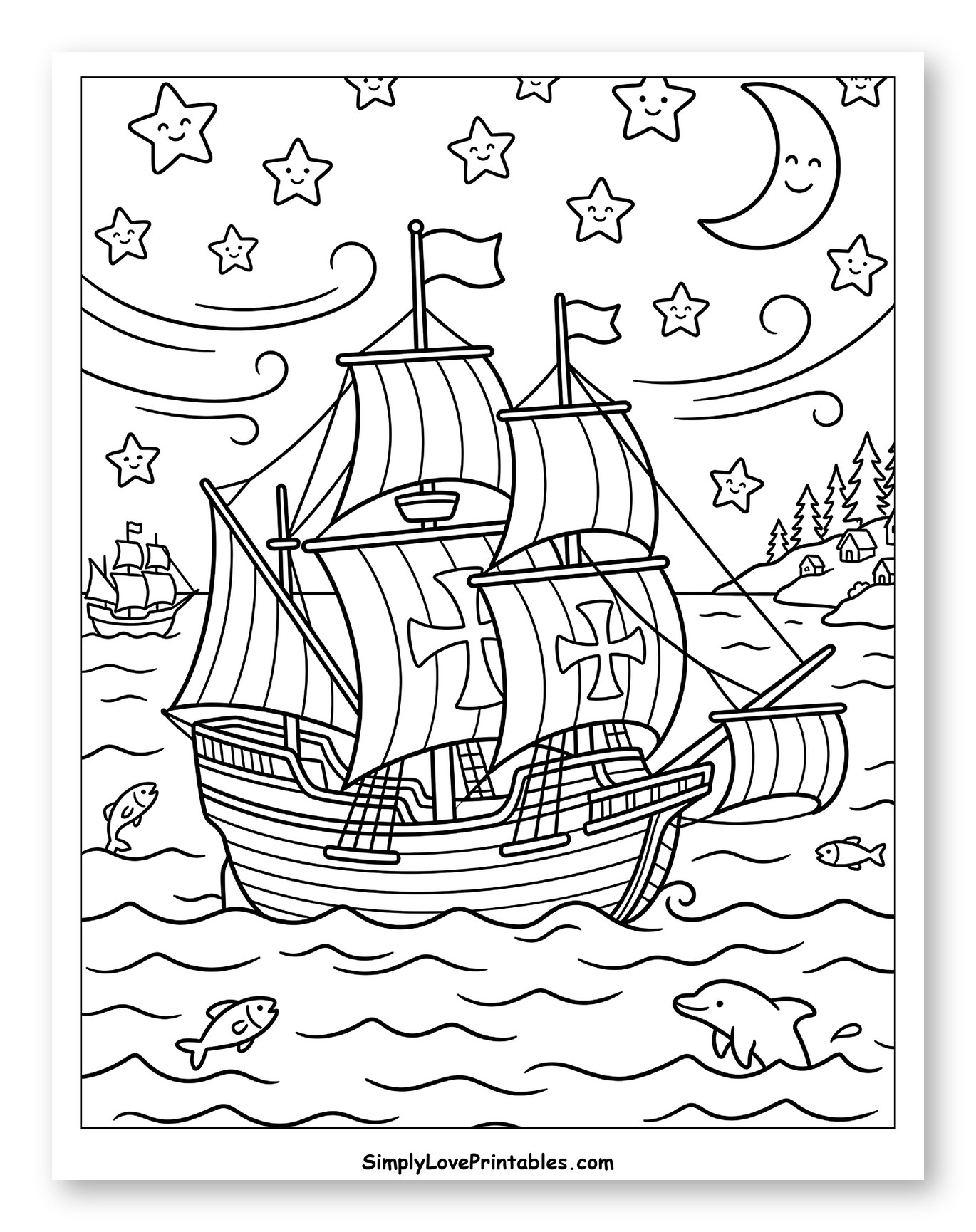Historical Ships Sailing Under Smiling Stars and Moon to Color for Kids