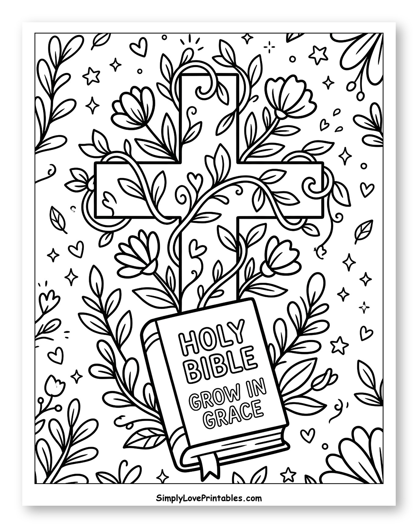 Holy Bible with Cross and Floral Vines Coloring Page for Adults