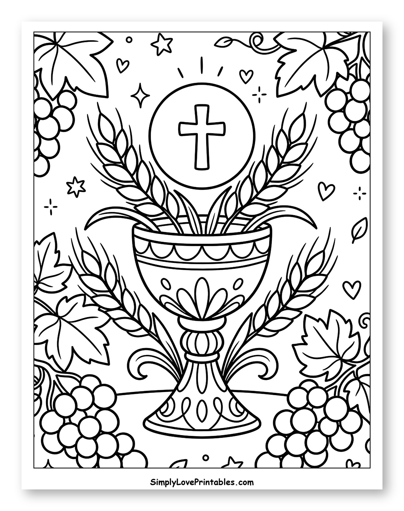 Holy Communion Chalice with Wheat and Grapes Coloring Page for Adults