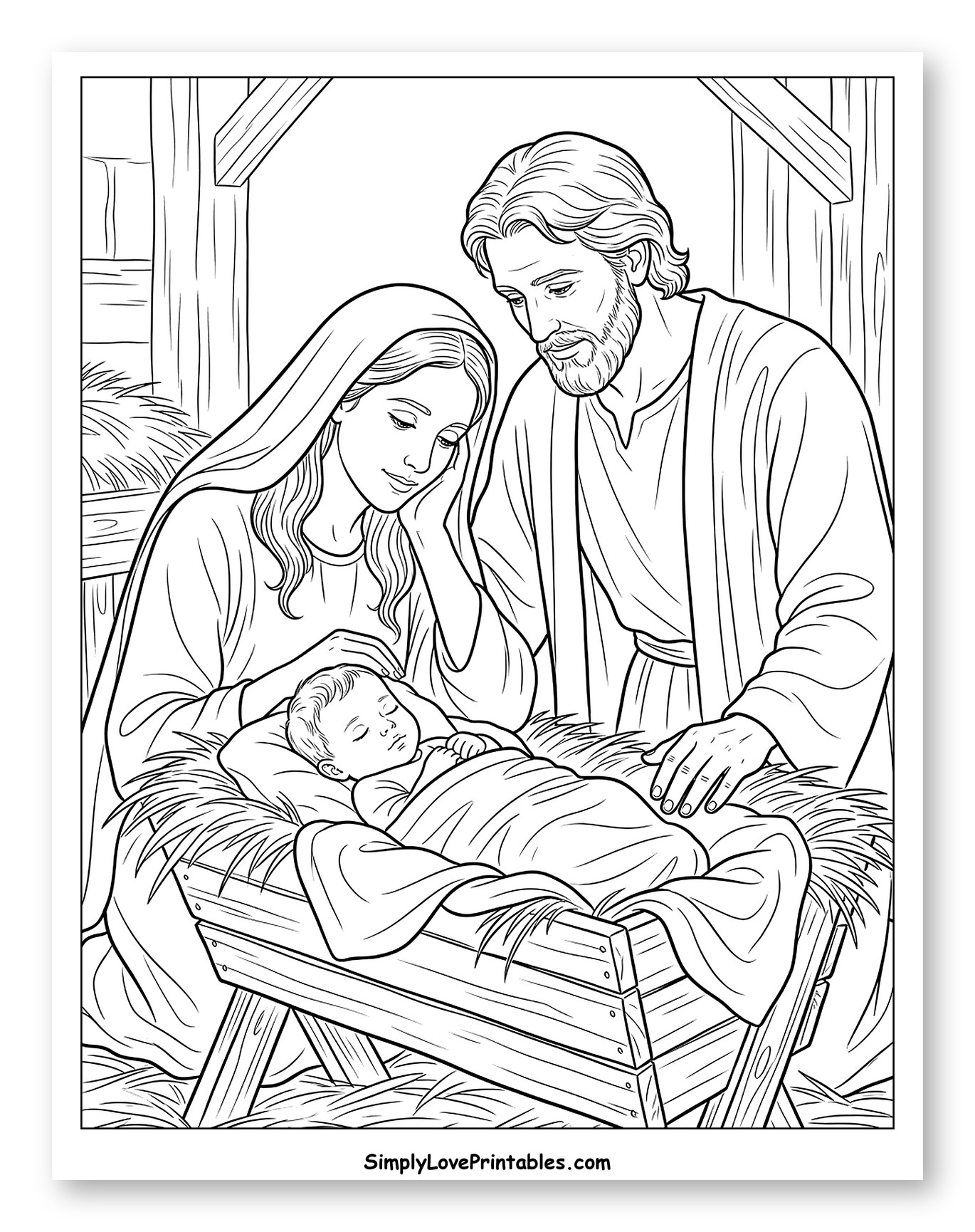 Holy Family Gazing at Baby Jesus in Manger