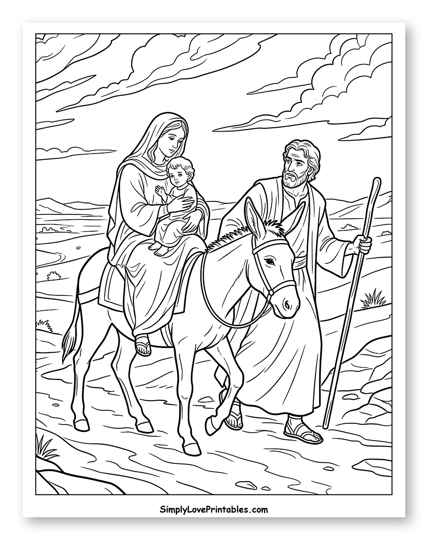 Holy Family Journeying Through the Desert to Color