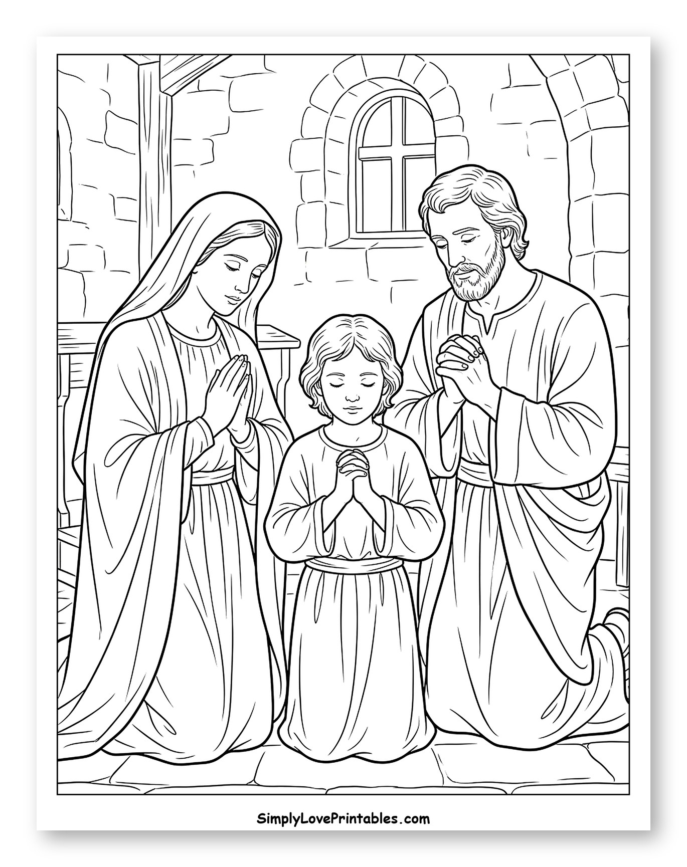 Holy Family Kneeling in Prayer to Color