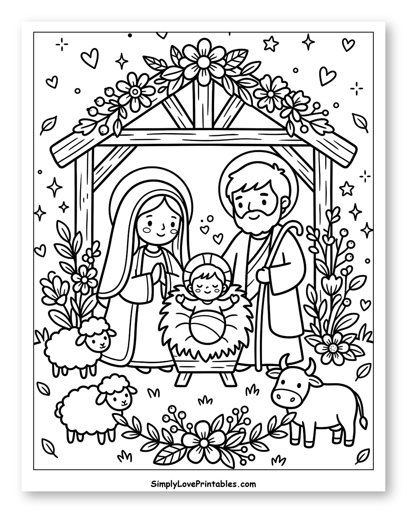 Holy Family Nativity Scene with Animals to Color for Adults