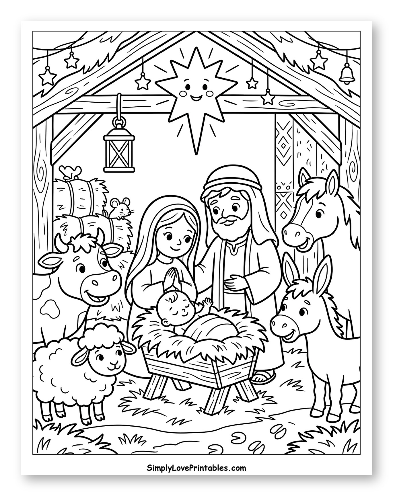 Holy Family Nativity Scene with Animals to Color for Kids