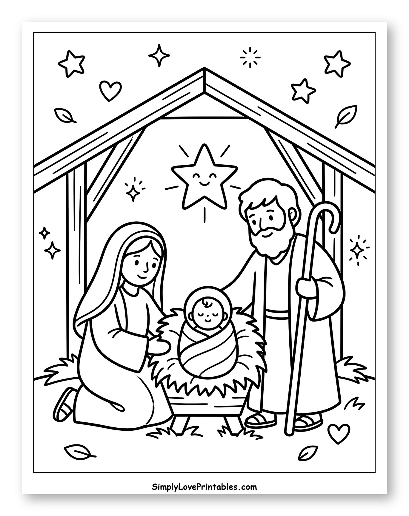Holy Family Nativity Scene with Shining Star to Color for Adults