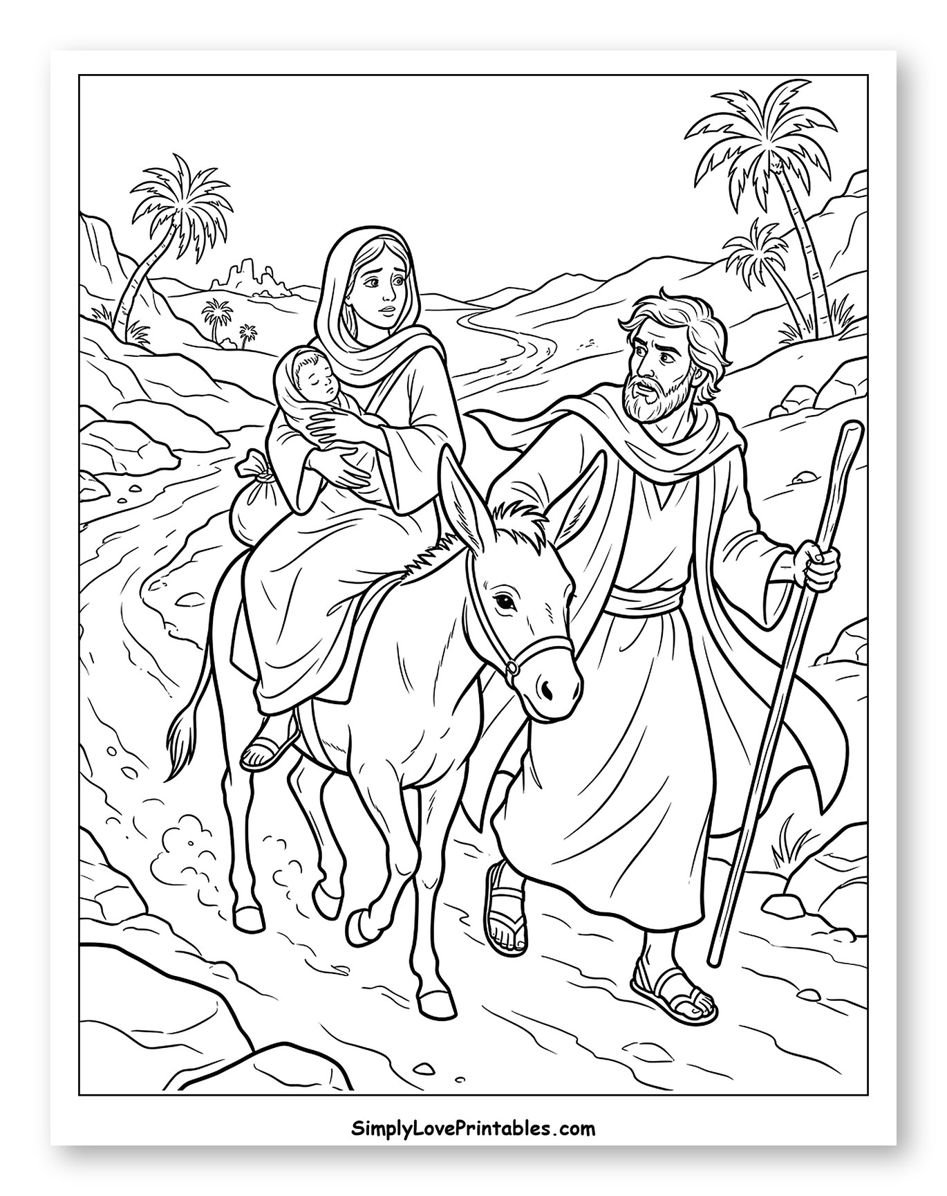 Holy Family on a Journey Through Desert Coloring Sheet