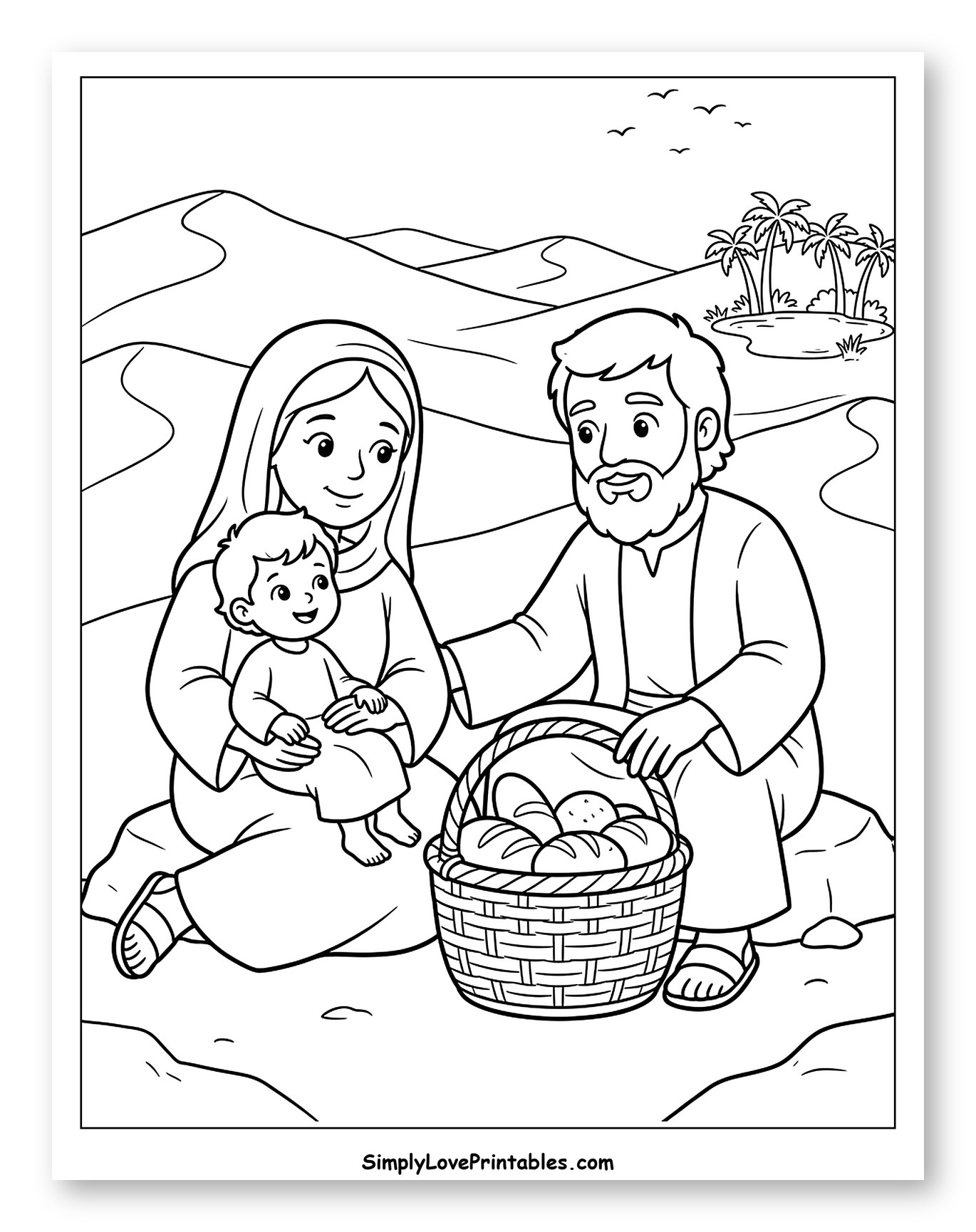 Holy Family Resting in the Desert with Bread Coloring Page for Kids