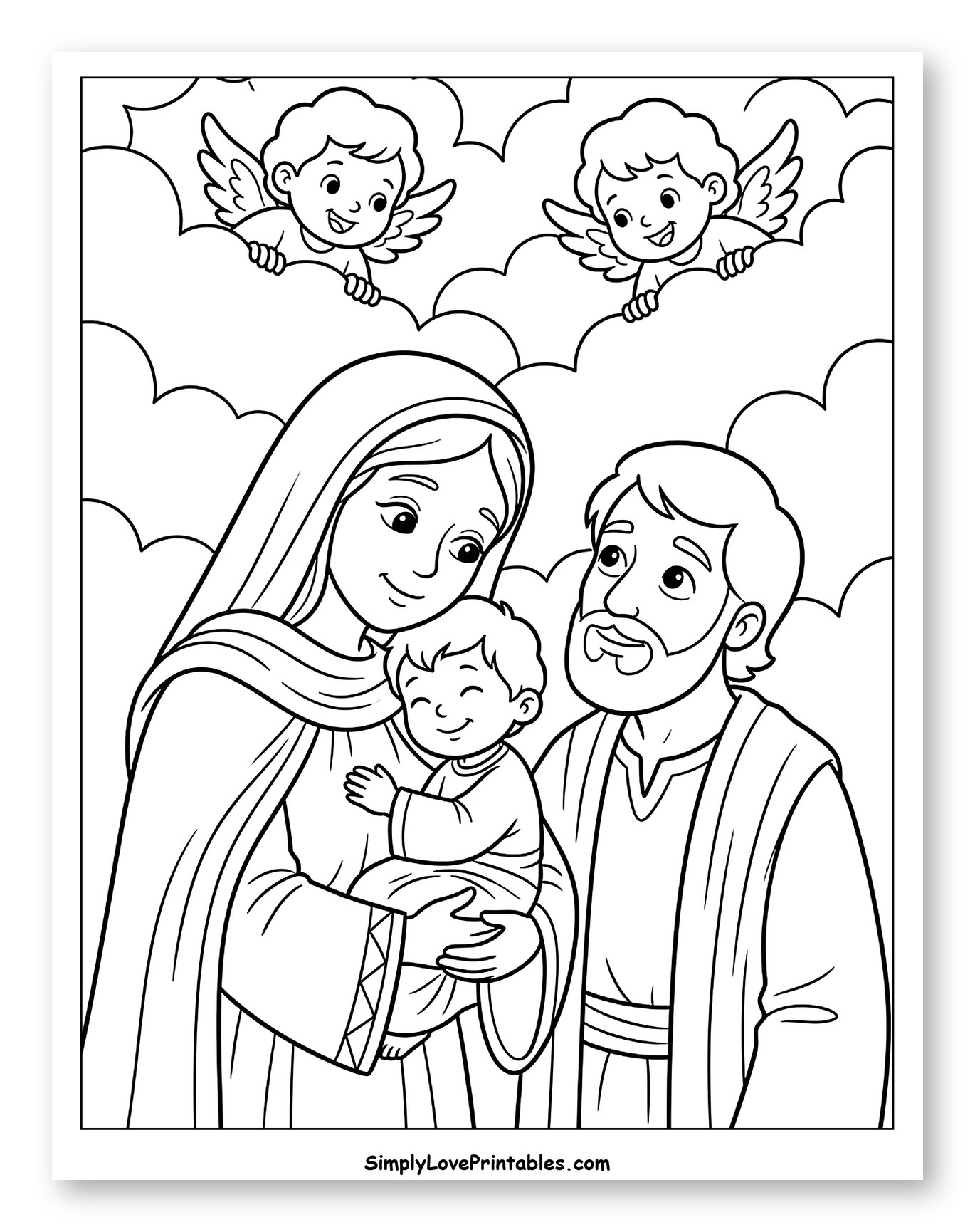Holy Family with Angels in Clouds Coloring Page for Kids