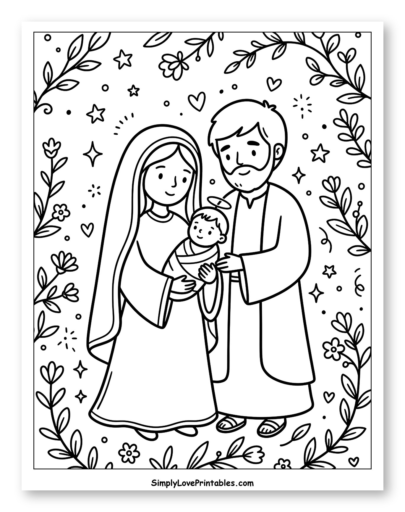 Holy Family with Baby Jesus and Floral Border to Color for Adults